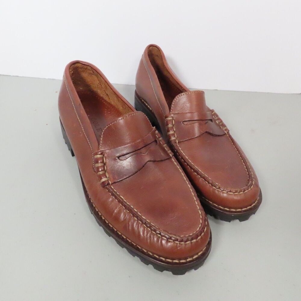 Cole Haan Genuine Handsewn Leather Penny Loafers Lug Sole Brown Womens size 9